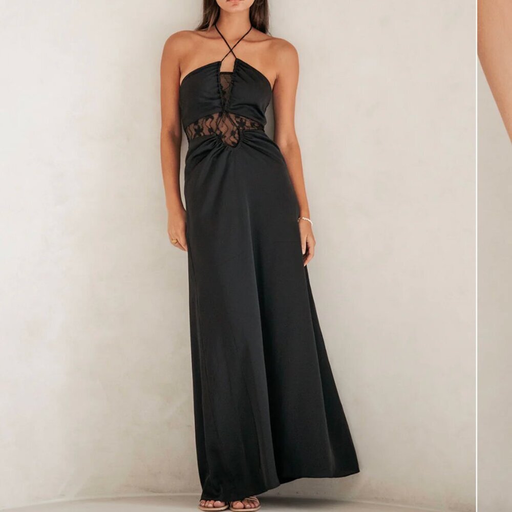 Sabo NWT Ariah Dress Halterneck Maxi Black Lace Long Gown Size Small/US 4